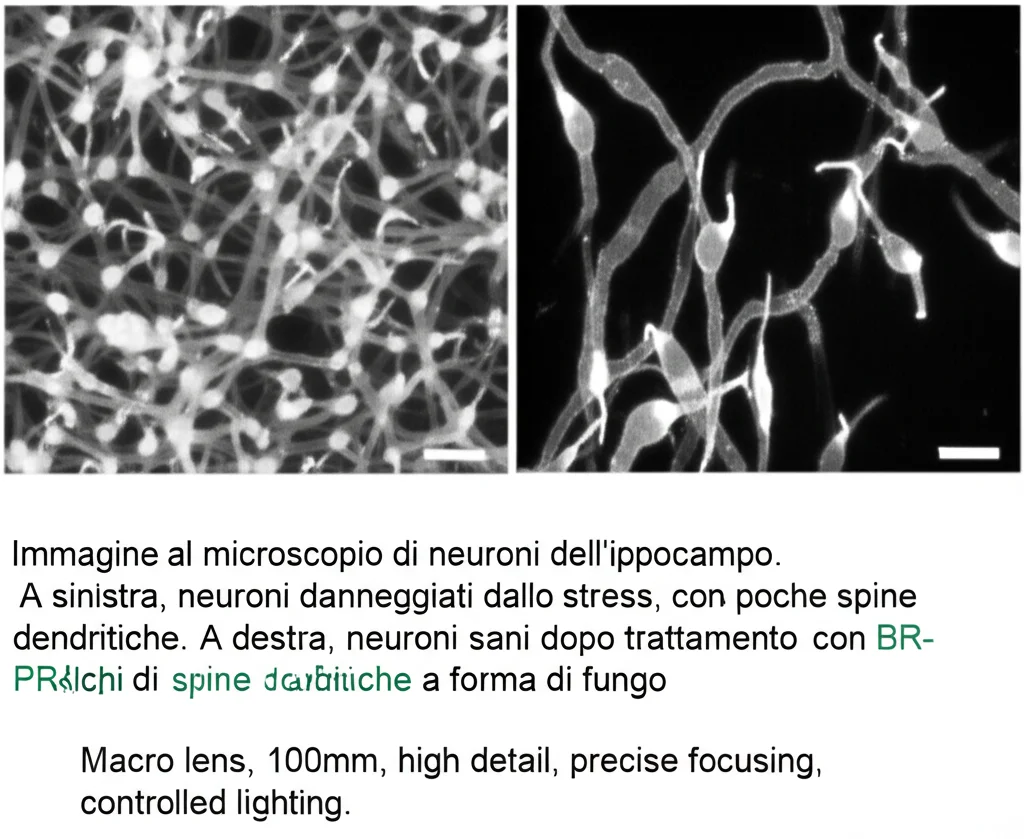 Immagine al microscopio di neuroni dell'ippocampo. A sinistra, neuroni danneggiati dallo stress, con poche spine dendritiche. A destra, neuroni sani dopo trattamento con BR-PRA, ricchi di spine dendritiche a forma di fungo. Macro lens, 100mm, high detail, precise focusing, controlled lighting.