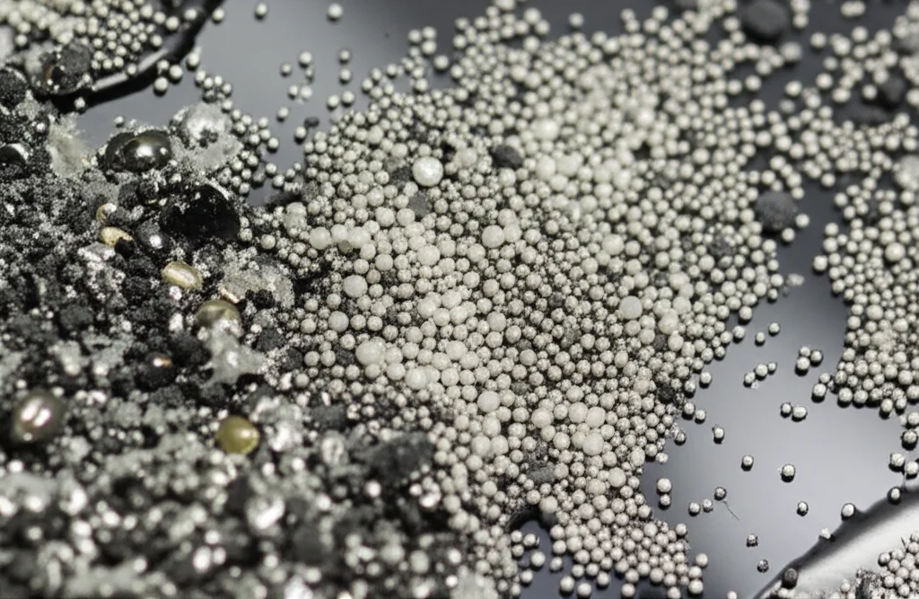 Scatto macro, obiettivo da 80 mm, di particelle microscopiche che rappresentano IPA (scure E fuligginosio), metalli pesanti (metalliche e lucide) e pfass (traslucide e sferiche) miscelati sottilmente, con un background leggermente sfocato che suggerisce un background umano e un illuminazione controllata per evidenziare le texture inquinanti.