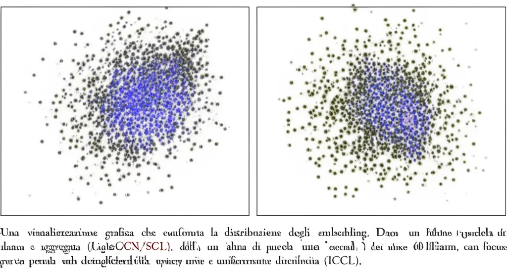 Una visualizzazione grafica che confronta la distribuzione degli embedding. Da un lato, una nuvola di punti dati densa e aggregata (LightGCN/SGL), dall'altro una nuvola di punti più sparsa e uniformemente distribuita (ICCL). Macro lens, 60-105mm, con focus preciso sui dettagli delle distribuzioni, illuminazione controllata per evidenziare le differenze di densità.