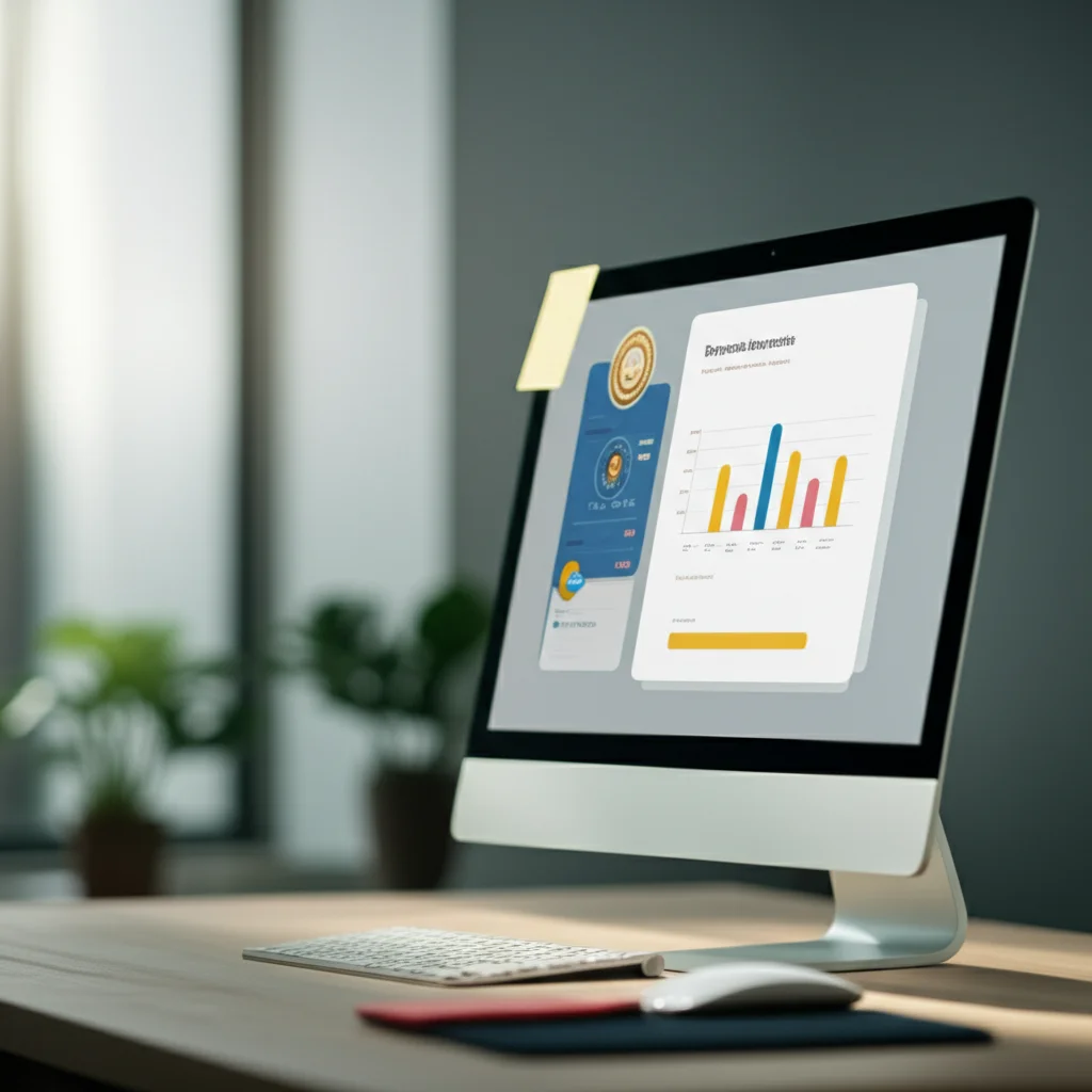 Un'interfaccia utente di un'applicazione per la salute mentale su uno schermo di computer. L'interfaccia mostra elementi di gamification come badge colorati, una barra di progresso e un grafico dell'umore con icone meteo. La scena è illuminata da una luce naturale e soffusa, creando un'atmosfera calma e positiva. Prime lens, 35mm, depth of field, colori pastello e bianco.
