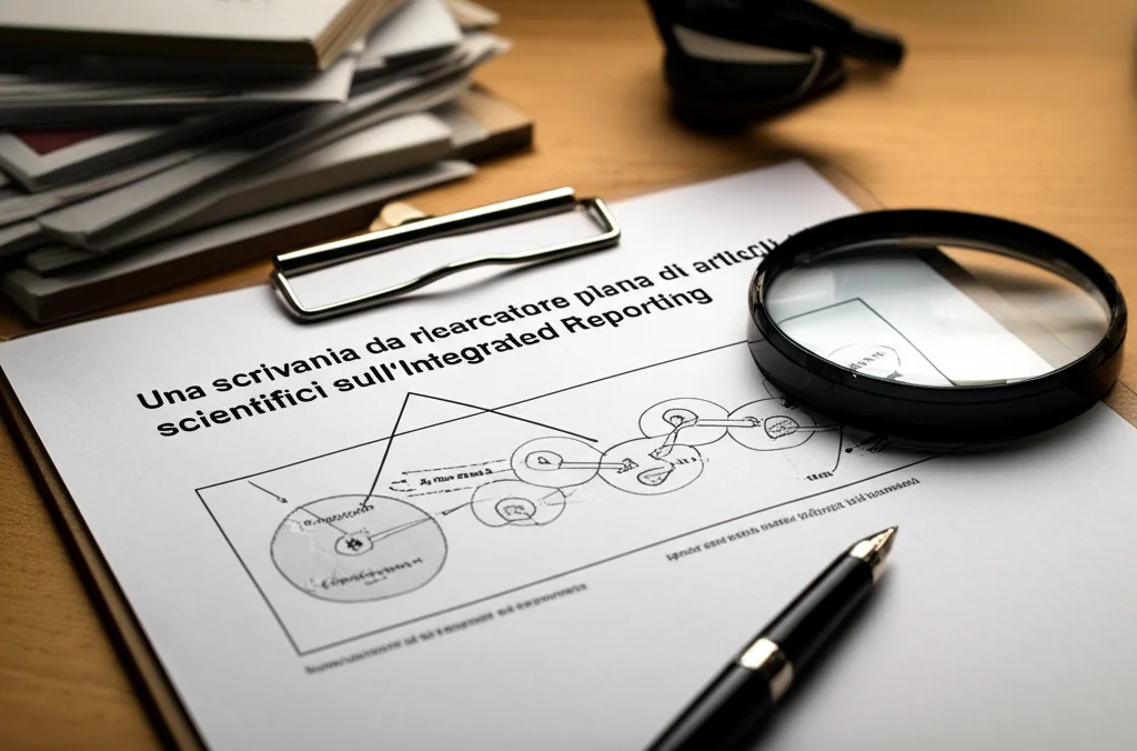Una scrivania da ricercatore piena di articoli scientifici sull'Integrated Reporting, con evidenziatori e appunti sparsi. Una lente d'ingrandimento è posata su un diagramma che illustra i 'sei capitali' dell'IR. Illuminazione da studio, obiettivo macro da 60mm per i dettagli dei documenti, luce calda e accogliente.