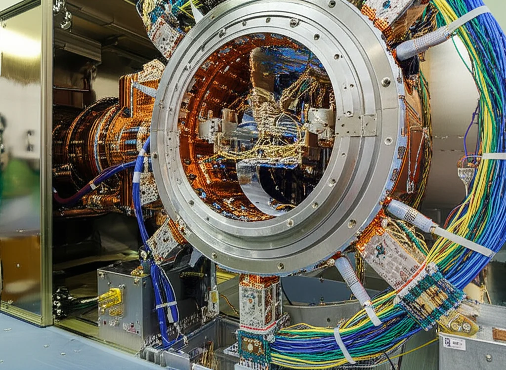 Vista interna di un criostato complesso con tre rivelatori HPGe AGATA incapsulati con la nuova tecnologia, evidenziando la precisione dell'assemblaggio, fotografia tecnica con illuminazione diffusa, lente 35mm.