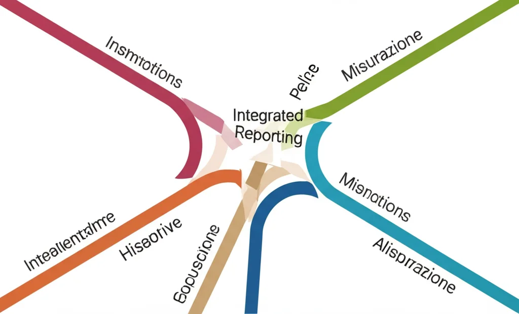 Un'infografica stilizzata che mostra quattro percorsi divergenti da un punto centrale etichettato 'Integrated Reporting', ogni percorso rappresenta una delle quattro categorie di misurazione. Colori distinti per ogni percorso, design pulito e moderno, obiettivo da 35mm per una visione d'insieme.