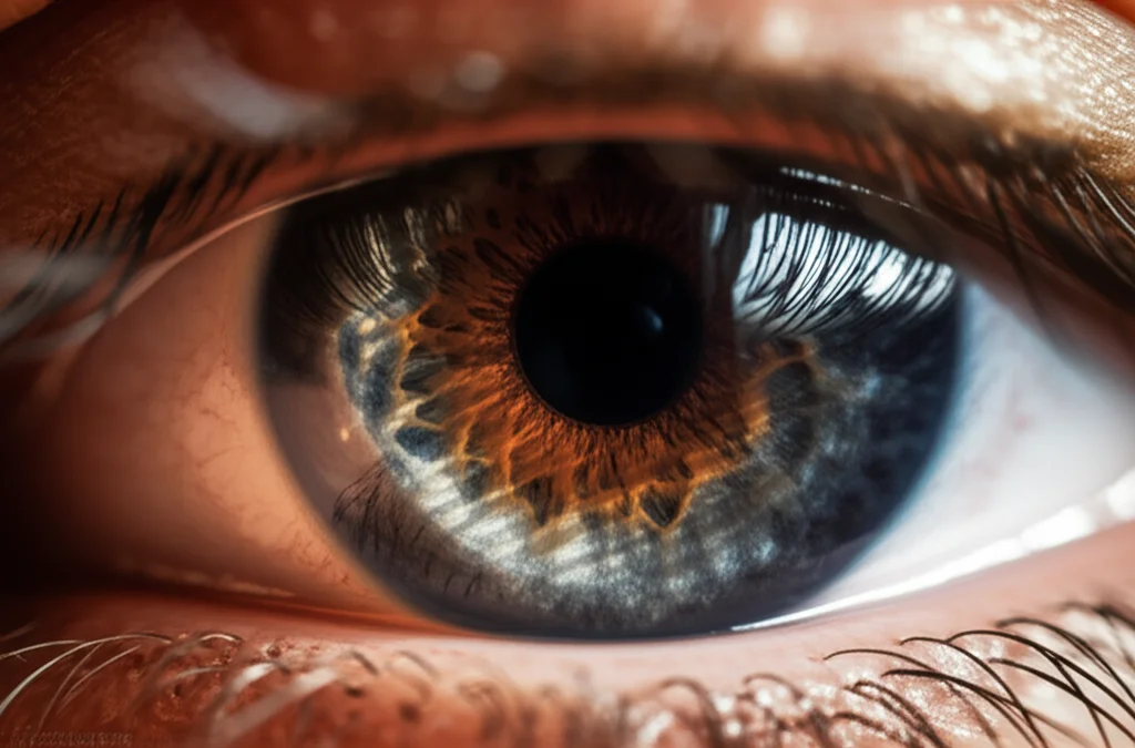 Un occhio umano in primo piano che guarda intensamente uno schermo dove si riflettono immagini complesse e frammentate, simboleggiando la memoria e la percezione. Obiettivo macro 100mm, high detail, precise focusing sull'iride, illuminazione controllata per enfatizzare il riflesso.