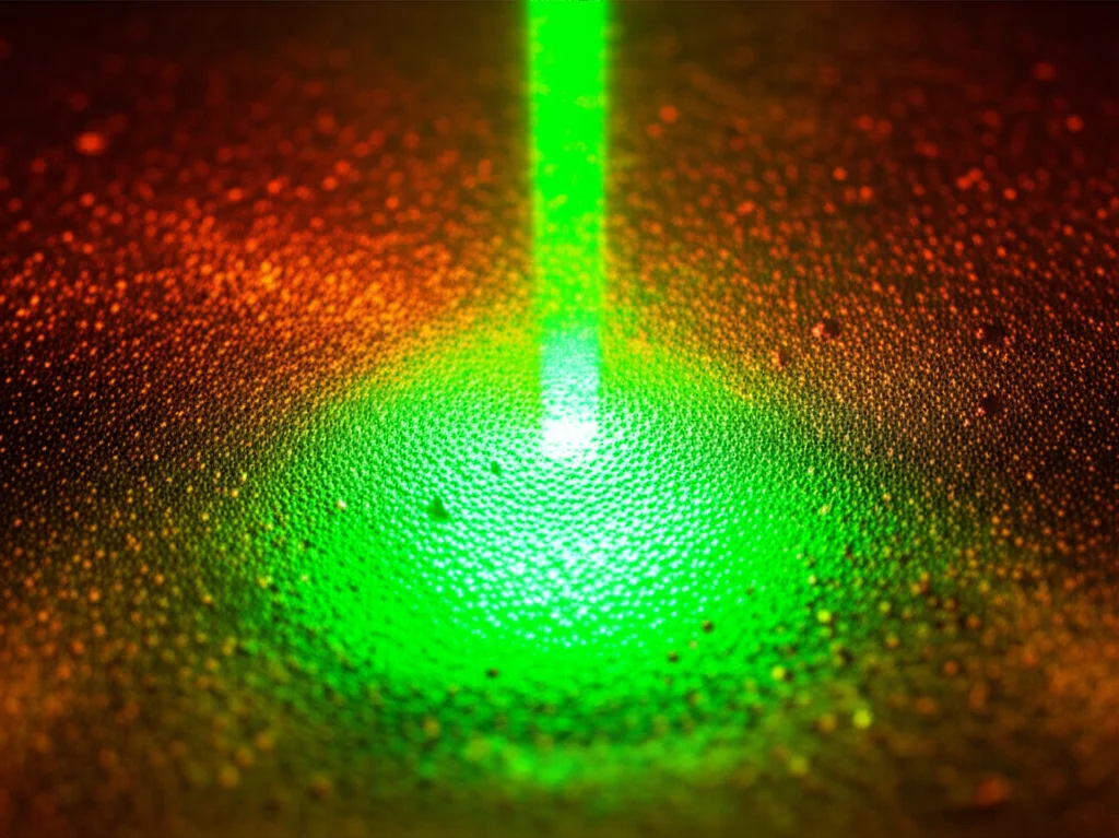 Immagine macro ad alta definizione di polvere di rame puro illuminata da un fascio laser verde focalizzato, con dettagli precisi delle particelle sferiche e illuminazione controllata che evidenzia la fusione incipiente. Obiettivo macro, 60mm.