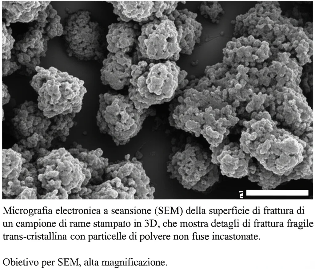 Micrografia elettronica a scansione (SEM) della superficie di frattura di un campione di rame stampato in 3D, che mostra dettagli di frattura fragile trans-cristallina con particelle di polvere non fuse incastonate. Obiettivo per SEM, alta magnificazione.