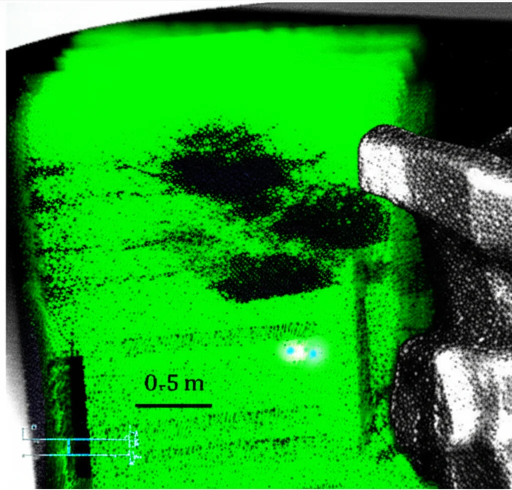 Vista dall'alto di un letto di polvere di rame durante il processo LPBF, con il laser verde che traccia un percorso complesso, lasciando dietro di sé una scia di metallo fuso e solidificato. Dettagli delle tracce di scansione e della polvere circostante. Obiettivo grandangolare, 24mm, per catturare l'area di lavoro.