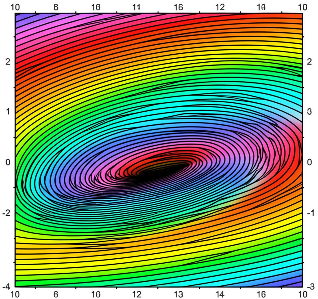 Illustrazione astratta di curve di dispersione di onde guidate che mostrano il fenomeno del 'mode veering', dove due curve si avvicinano molto per poi divergere. L'immagine dovrebbe avere un aspetto scientifico ma artistico, magari con colori vivaci per le curve su sfondo scuro. Utilizzare un obiettivo macro da 60mm per enfatizzare la vicinanza e la separazione delle curve, con illuminazione controllata per creare un effetto tridimensionale.