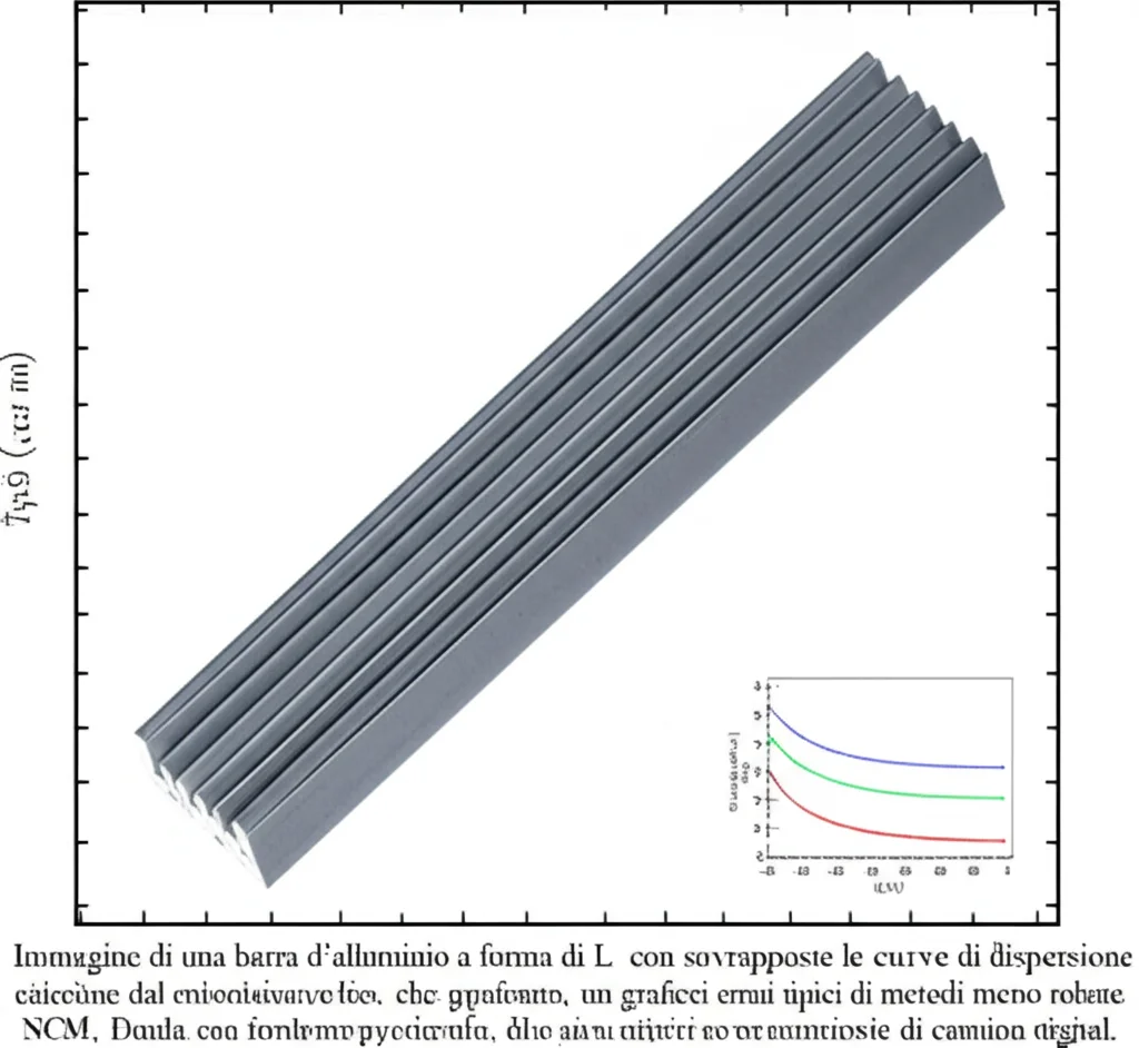Immagine di una barra d'alluminio a forma di L con sovrapposte le curve di dispersione calcolate dal metodo NCM, che appaiono lisce e ben separate. Accanto, per confronto, un grafico simile ma con incroci errati tipici di metodi meno robusti. Stile: fotografia di un oggetto tecnico (la barra) con sovrapposizioni grafiche digitali. Obiettivo prime 35mm, profondità di campo per mettere a fuoco sia la barra che le curve, illuminazione da studio.