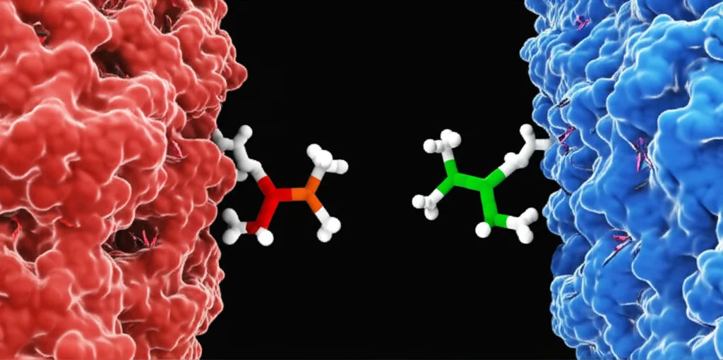 Macro lens, 60mm, high detail, precise focusing, controlled lighting, visualizzazione astratta di proteine globulari e fibrillari, con piccole molecole (composti) che si legano a siti specifici, evidenziando le differenze strutturali indotte dal legame.