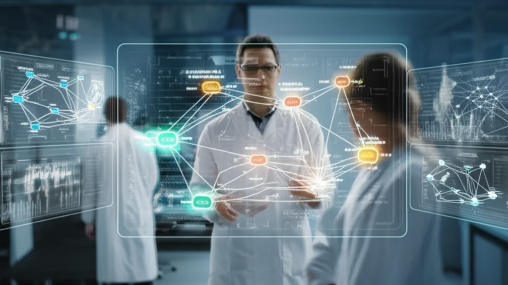 Prime lens, 35mm, depth of field, un ricercatore osserva un display che mostra un proteoma complesso con alcune proteine evidenziate (bersagli di un farmaco), con grafici di interazione sullo sfondo, in un laboratorio high-tech.