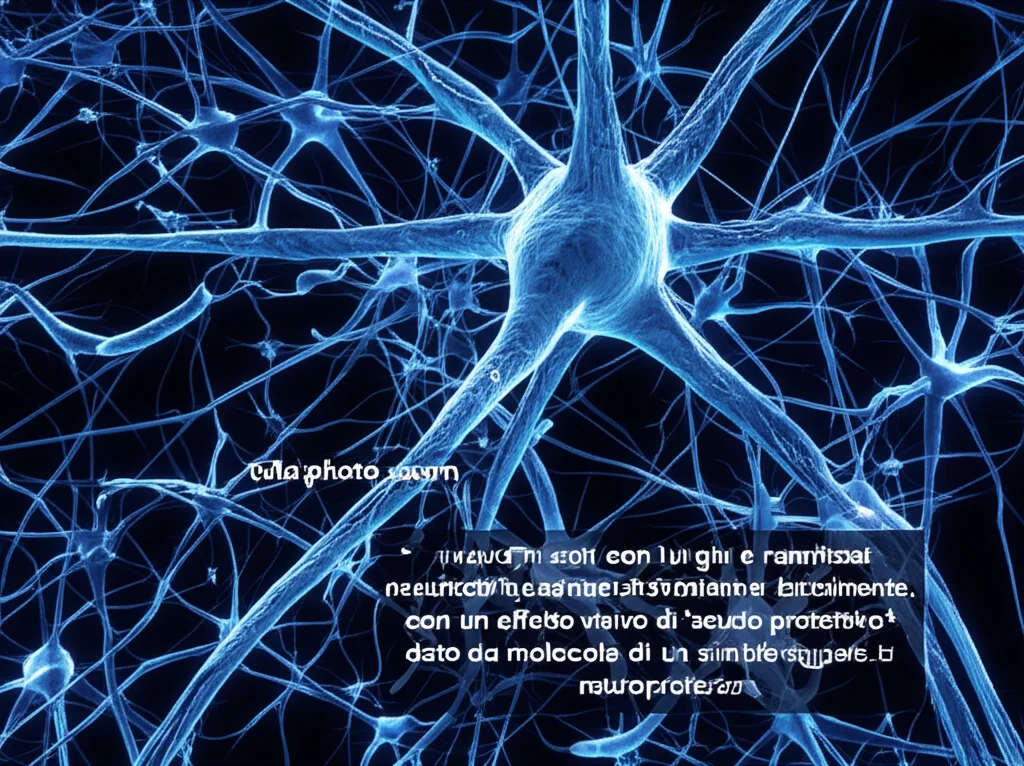 Telephoto zoom, 100-400mm, fast shutter speed, neuroni sani con lunghi e ramificati neuriti che brillano debolmente, con un effetto visivo di 'scudo protettivo' dato da molecole di un farmaco, a simboleggiare la neuroprotezione.