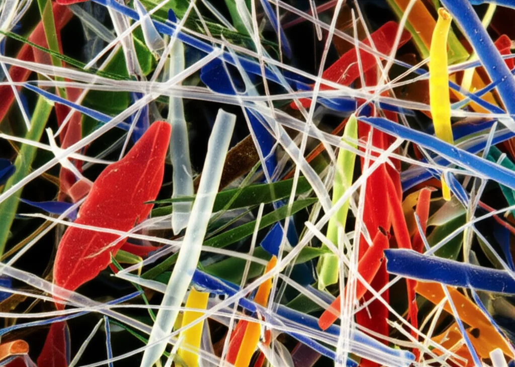 Macro fotografia di particelle di microplastica colorate sospese in acqua torbida di fiume, con batteri visibili che aderiscono alle loro superfici. Obiettivo macro 60mm, alta definizione, illuminazione controllata per evidenziare la texture della plastica e la presenza microbica.