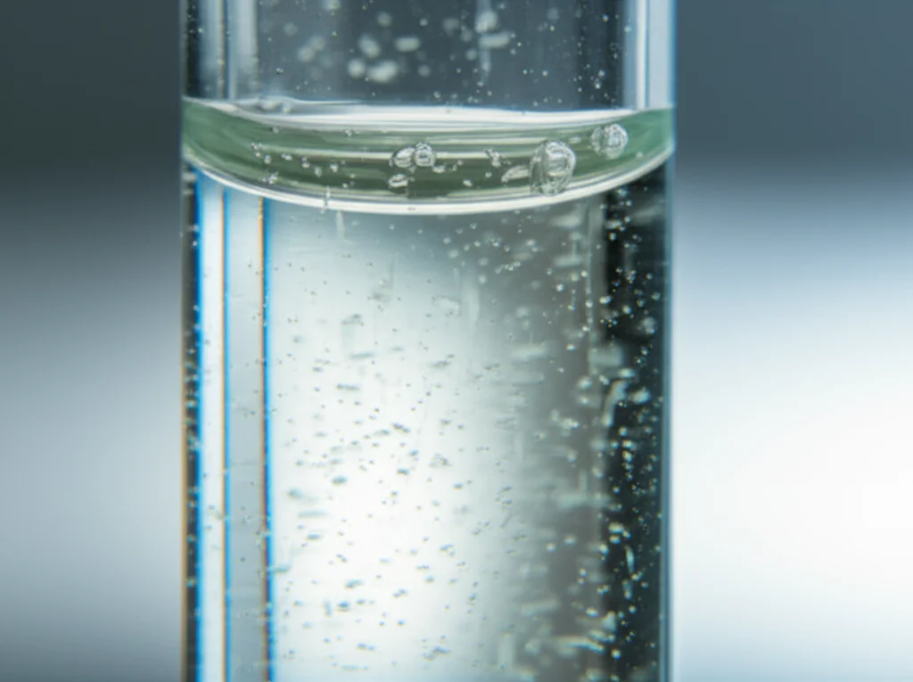 Fotografia naturalistica di un campione di acqua di fiume in un contenitore di vetro da laboratorio, con particelle di microplastica visibili. Teleobiettivo zoom 100-400mm per isolare il campione, con focus sulla torbidità dell'acqua e sulle particelle in sospensione, simulando un contesto di analisi scientifica.