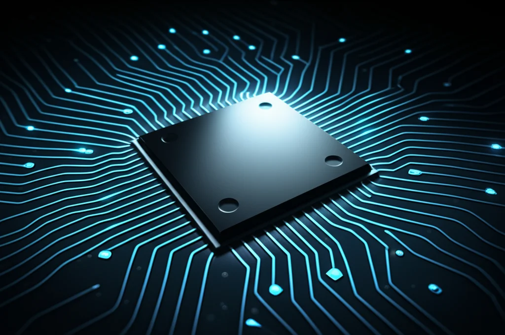 Primo piano di un chip di computer con linee di luce che emanano da esso, simboleggiando il flusso di dati e l'apprendimento. Utilizzare un obiettivo macro da 60mm per un'alta definizione del chip, con illuminazione controllata per creare riflessi sulle superfici metalliche. Lo sfondo dovrebbe essere scuro per far risaltare il chip e le linee di luce.