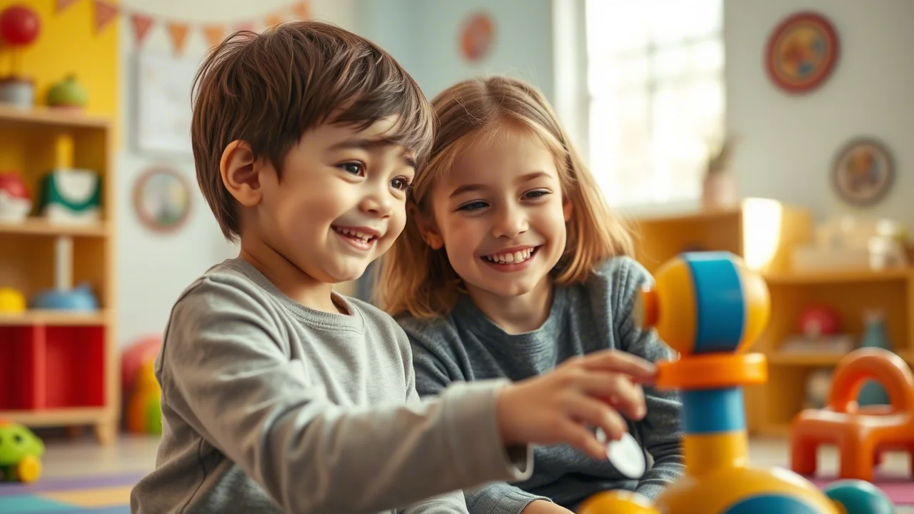 Un bambino in età prescolare, sorridente e attento, interagisce con un terapista in un ambiente di gioco luminoso e colorato. Il terapista indica un giocattolo e il bambino segue con lo sguardo. Obiettivo prime, 35mm, profondità di campo per mettere a fuoco l'interazione tra bambino e terapista, luce naturale e calda.