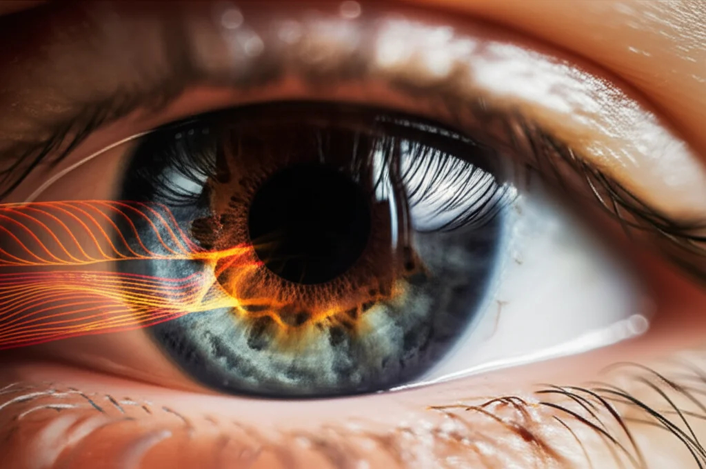 Primo piano dell'occhio di un bambino con la pupilla che si dilata e si restringe leggermente, a simboleggiare la pupillometria e la regolazione dell'arousal. Sovrapposta, una grafica astratta che rappresenta le onde cerebrali o l'attività neurale. Macro lens, 100mm, high detail sulla texture dell'iride, illuminazione controllata per evidenziare i cambiamenti pupillari.