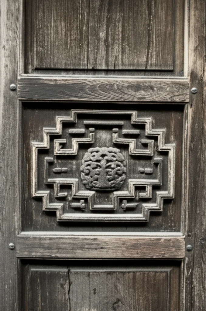Fotografia macro di dettagli architettonici di un edificio Shikumen, come mattoni grigi usurati dal tempo e intagli in legno di una porta. Obiettivo macro 100mm, alta definizione, illuminazione controllata per esaltare le texture, focus preciso sui dettagli storici.