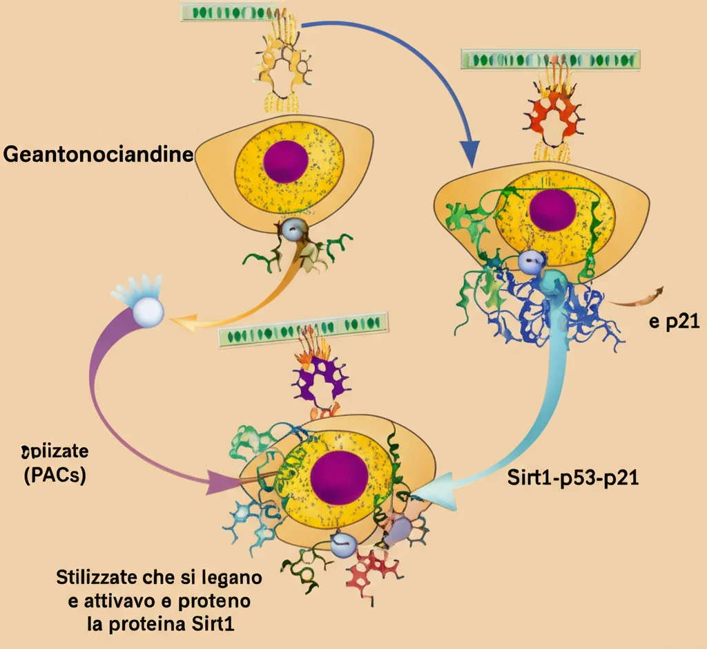 Un'illustrazione scientifica che mostra il pathway Sirt1-p53-p21. Molecole di proantocianidine (PACs) stilizzate che si legano e attivano la proteina Sirt1, la quale a sua volta inibisce p53 e p21. Grafica chiara con colori distinti per ogni molecola, su uno sfondo che richiama l'interno di una cellula. Dettagli precisi sulle interazioni molecolari.