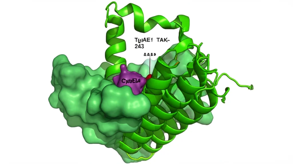 Modello 3D della proteina TgUAE1 che interagisce con una molecola di ubiquitina e l'inibitore TAK-243. Evidenziare il sito catalitico Cys634. Sfondo astratto che richiama processi cellulari. Obiettivo prime 35mm, profondità di campo per mettere a fuoco l'interazione molecolare.