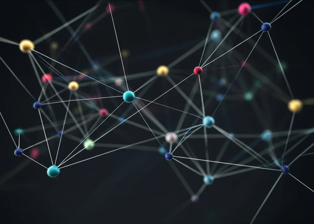 Visualizzazione astratta di una rete complessa con nodi e connessioni, alcuni nodi raggruppati in cluster colorati che emergono debolmente, suggerendo la sfida dell'identificazione. Illuminazione drammatica, quasi da film noir, per enfatizzare il 'mistero'. Obiettivo prime, 35mm, profondità di campo.
