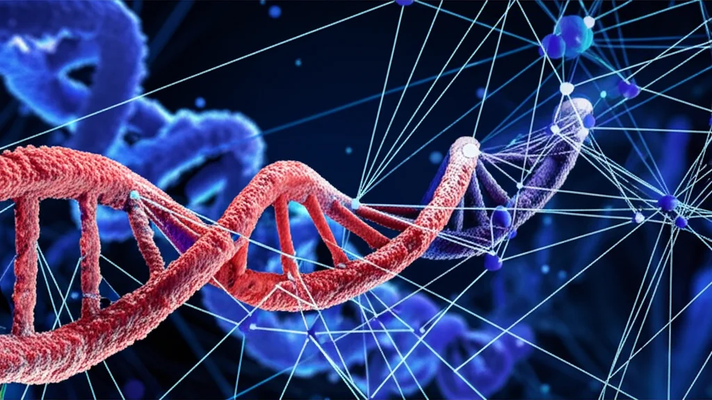 Illustrazione concettuale di un algoritmo genetico al lavoro: filamenti simili a DNA (cromosomi) che si evolvono e si incrociano, con sullo sfondo una rete che si scompone gerarchicamente in sotto-comunità. Dettaglio elevato, illuminazione controllata, obiettivo macro 60mm per focalizzarsi sui 'mattoncini' delle comunità.