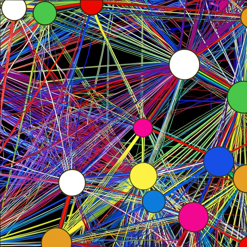 Grafico astratto che mostra curve di accuratezza in crescita, sovrapposto a una visualizzazione stilizzata di una grande rete complessa con comunità chiaramente definite e colorate. Effetto di 'zoom out' per indicare la scalabilità. Obiettivo grandangolare 10-24mm, messa a fuoco nitida, per dare un senso di ampiezza e successo.