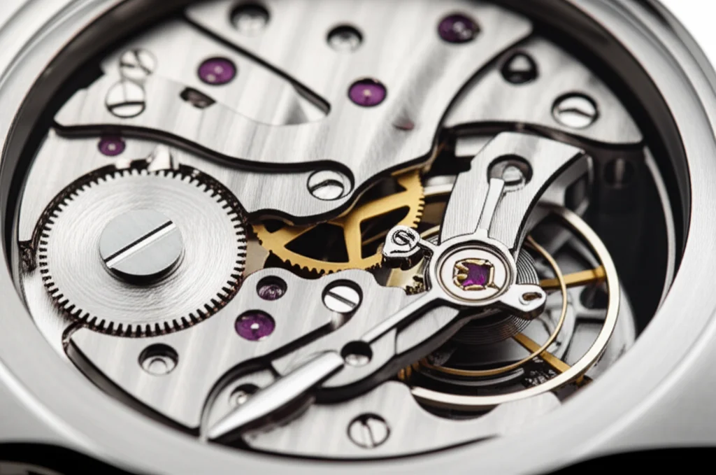 Macro shot, lente da 90 mm, dell'intricato meccanismo interno della ruota RWD-DOF, che mostra ingranaggi in metallo lucido e collegamenti del sistema a cinque bar e ingranaggi planetari. Focus preciso con illuminazione controllata e morbida per evidenziare i dettagli ingegneristici e le trame dei materiali. Dettagli elevati.