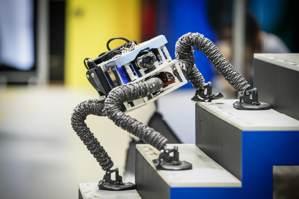 Scatto di paesaggio grandangolare, obiettivo da 18 mm, del prototipo di robot RWD-DOF che navigava con successo in una scala all'aperto nel mondo reale in un'area di costruzione sperimentale. L'immagine cattura il robot mid-climb, mettendo in mostra le sue ruote adattive. La luce del giorno naturale, forte attenzione al robot e alle scale, con uno sfondo leggermente sfocato per enfatizzare il soggetto. Lunga esposizione per mostrare un movimento regolare se possibile.