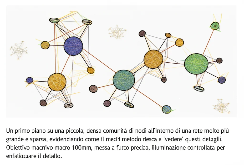 Un primo piano su una piccola, densa comunità di nodi all'interno di una rete molto più grande e sparsa, evidenziando come il metodo riesca a 'vedere' questi dettagli. Luce focalizzata sulla piccola comunità, quasi come un microscopio. Obiettivo macro 100mm, messa a fuoco precisa, illuminazione controllata per enfatizzare il dettaglio.