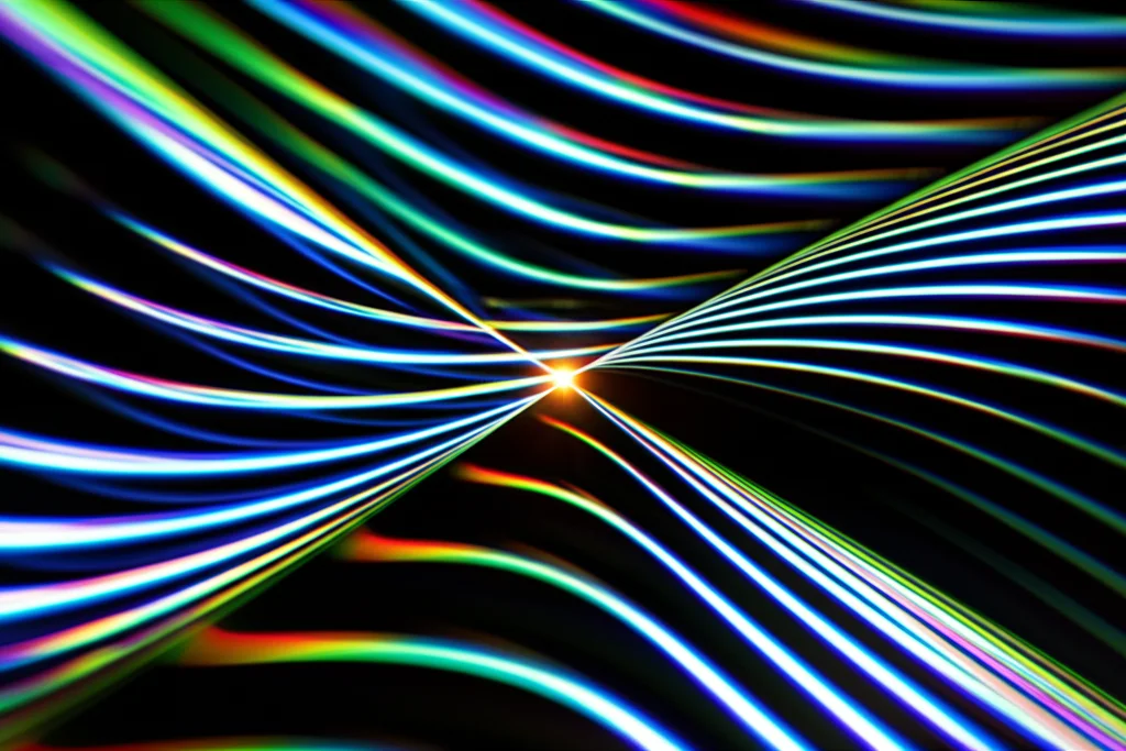 Macro lens, 80mm, visualizzazione astratta di onde luminose che convergono in un mezzo dispersivo, con un punto luminoso focale che rappresenta un punto eccezionale, illuminazione controllata per evidenziare i percorsi delle onde e la loro interazione, alta definizione dei dettagli delle onde.