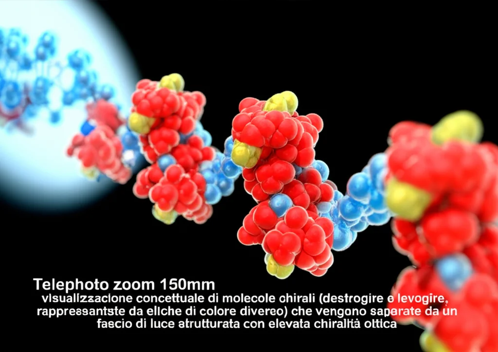 Telephoto zoom, 150mm, visualizzazione concettuale di molecole chirali (destrogire e levogire, rappresentate da eliche di colore diverso) che vengono separate da un fascio di luce strutturata con elevata chiralità ottica, con un focus nitido sulle molecole e un leggero motion blur per indicare il movimento di smistamento, illuminazione drammatica che evidenzia la selettività.