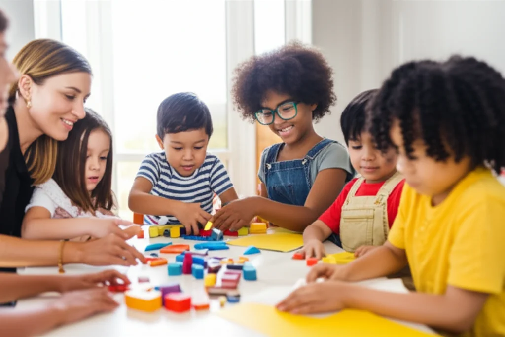 Foto di gruppo calorosa e luminosa di genitori e bambini di diverse etnie che interagiscono gioiosamente attorno a un tavolo con materiali per attività matematiche (forme, blocchi, disegni), ambientazione domestica accogliente, prime lens 50mm, luce naturale, espressioni coinvolte e felici.