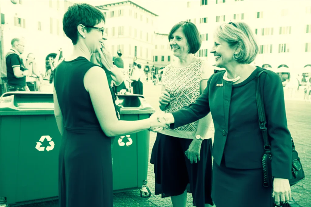 Fotografia realistica di una donna sindaco sorridente che stringe la mano a cittadini in una piazza italiana pulita e verde, con bidoni della raccolta differenziata ben visibili. Obiettivo da 35mm, luce naturale, effetto duotone seppia e verde acqua per un tocco vintage ma moderno.