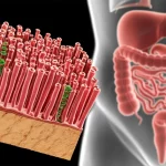 Immagine artistica e fotorealistica che mostra una sezione trasversale di un substrato V-ECM con cellule intestinali fluorescenti (verdi e rosse) che crescono seguendo la forma dei villi e delle cripte. Sullo sfondo, una rappresentazione sfocata dell'intestino umano. Illuminazione drammatica, profondità di campo ridotta per focalizzare l'attenzione sul modello in vitro. Obiettivo prime 50mm.