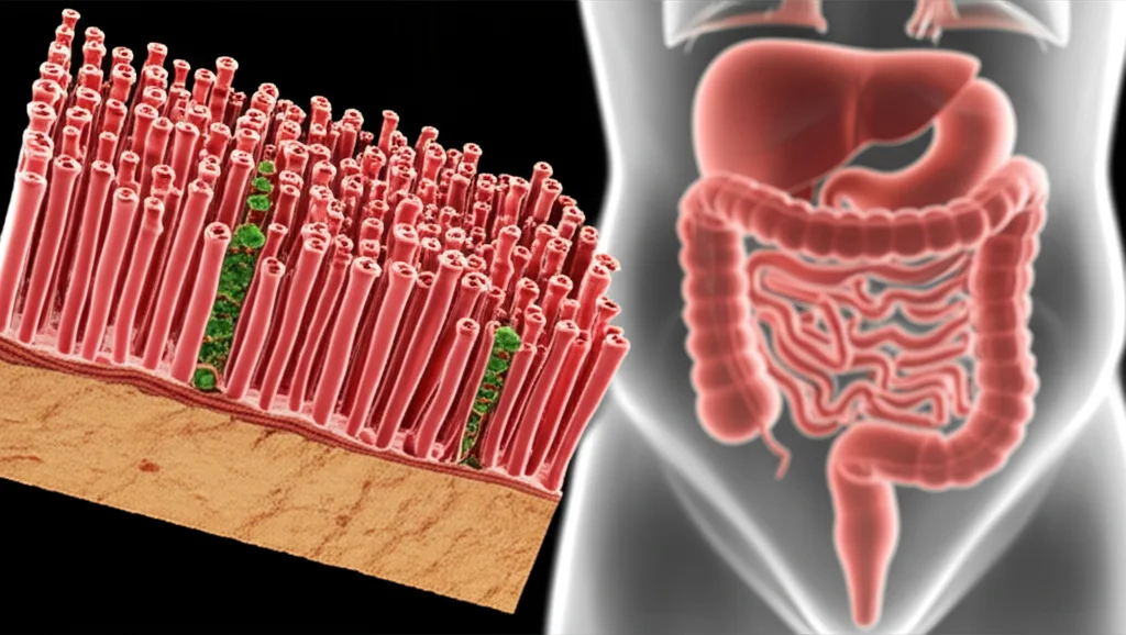 Immagine artistica e fotorealistica che mostra una sezione trasversale di un substrato V-ECM con cellule intestinali fluorescenti (verdi e rosse) che crescono seguendo la forma dei villi e delle cripte. Sullo sfondo, una rappresentazione sfocata dell'intestino umano. Illuminazione drammatica, profondità di campo ridotta per focalizzare l'attenzione sul modello in vitro. Obiettivo prime 50mm.