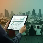 Immagine concettuale che rappresenta l'integrazione tra tecnologia sanitaria (un tablet con grafici di dati sanitari) e una comunità thailandese impegnata. Sullo sfondo, lo skyline di Bangkoknoi. Luce calda e positiva. Prime lens, 35mm, depth of field, duotone blu e verde acqua per simboleggiare salute e tecnologia.