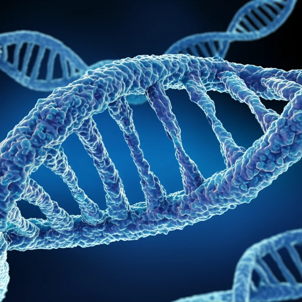 Immagine concettuale di un anticorpo monoclonale (come il Nimotuzumab) che si lega specificamente a un recettore EGFR sulla superficie di una cellula tumorale cervicale. Sfondo astratto con Dna e cellule. Macro lens, 60mm, high detail, precise focusing, controlled lighting con toni blu e viola per un effetto scientifico e moderno.