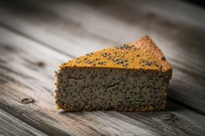 Immagine fotorealistica di una deliziosa fetta di torta senza glutine con semi di chia visibili e una texture invitante data dalla farina di lenticchie, posizionata su un tavolo di legno rustico, obiettivo macro 100mm, alta definizione, messa a fuoco precisa, illuminazione naturale controllata.