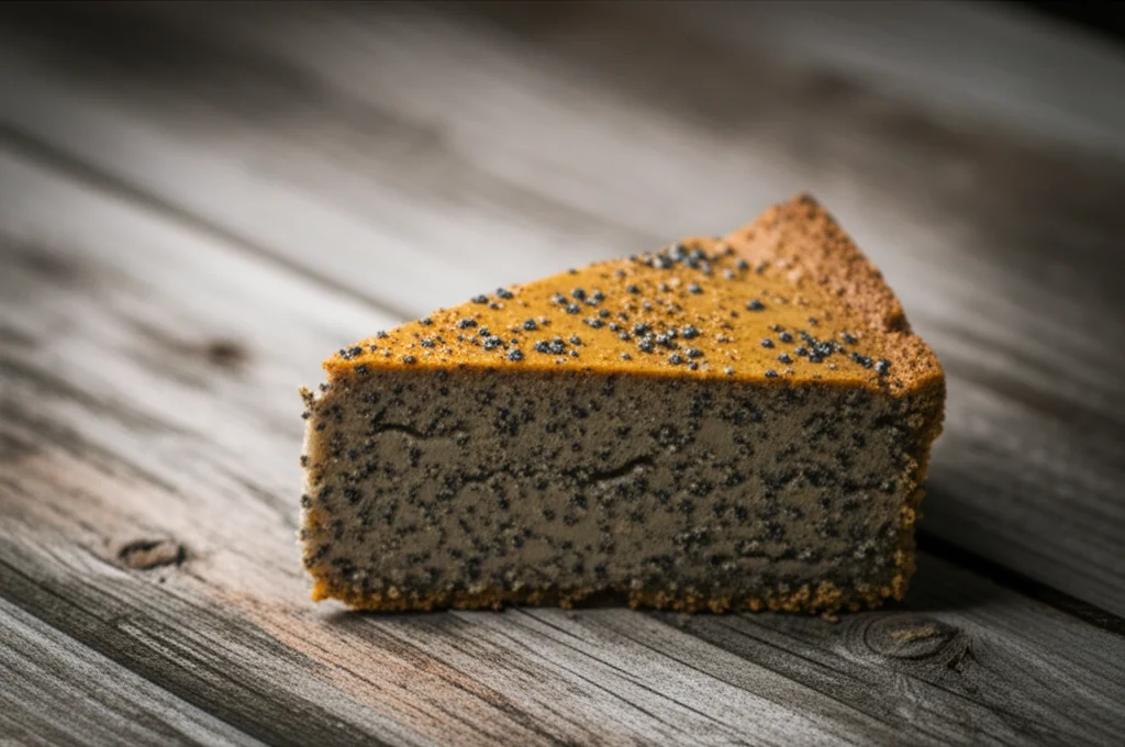 Immagine fotorealistica di una deliziosa fetta di torta senza glutine con semi di chia visibili e una texture invitante data dalla farina di lenticchie, posizionata su un tavolo di legno rustico, obiettivo macro 100mm, alta definizione, messa a fuoco precisa, illuminazione naturale controllata.