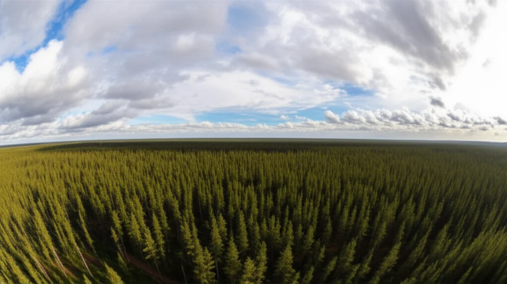 Photorealistic landscape wide angle shot of a vast, healthy forest under a dynamic sky with clouds, symbolizing the connection between tree restoration and atmospheric processes. Use 10mm wide-angle lens, sharp focus.