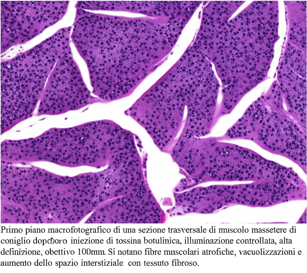 Primo piano macrofotografico di una sezione trasversale di muscolo massetere di coniglio dopo iniezione di tossina botulinica, illuminazione controllata, alta definizione, obiettivo macro 100mm. Si notano fibre muscolari atrofiche, vacuolizzazioni e aumento dello spazio interstiziale con tessuto fibroso.