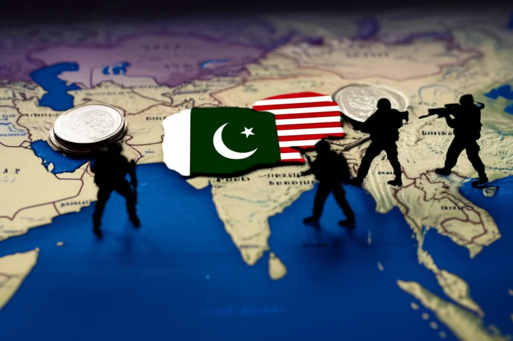 Una composizione simbolica che mostra la bandiera pakistana e quella americana parzialmente sovrapposte su una mappa strategica dell'Asia meridionale, con elementi visivi come monete (aiuto economico) e sagome di soldati (supporto militare) in primo piano. Obiettivo 50mm, illuminazione drammatica con contrasto, profondità di campo media per mantenere a fuoco sia le bandiere che gli elementi simbolici.