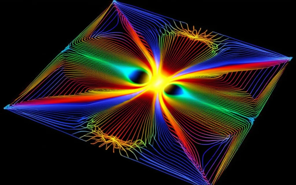 Wide-angle, 20mm, visualizzazione artistica di un diagramma di banda tridimensionale con più fogli colorati (rosso, blu, verde, giallo) che rappresentano autovalori complessi, i quali si intersecano formando linee eccezionali luminose. Queste linee convergono in un singolo punto incandescente, un punto eccezionale di quarto ordine (EP4), con un effetto di profondità di campo che mette a fuoco l'EP4. L'illuminazione è drammatica e sottolinea la complessità geometrica delle intersezioni su uno sfondo scuro che simboleggia lo spazio dei parametri.