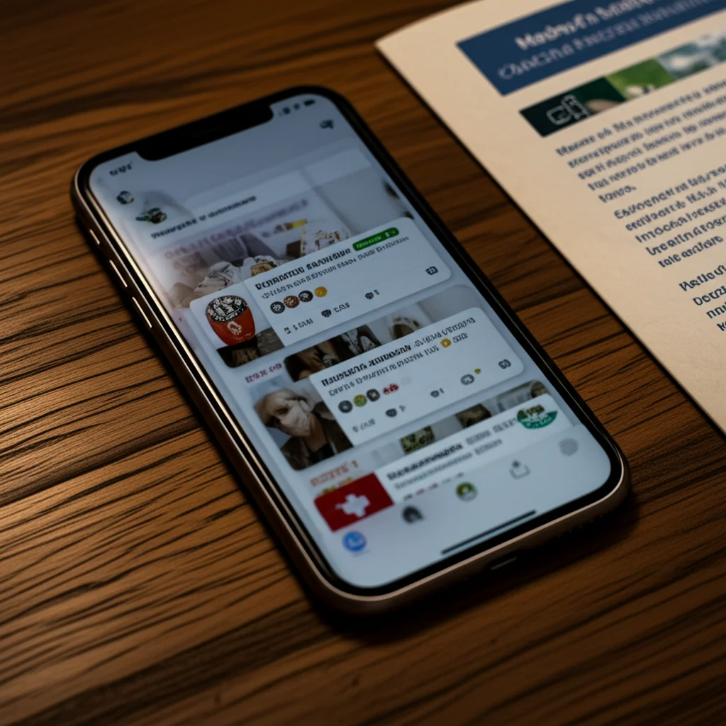 Fotografia a oggetti, uno schermo per smartphone che mostra un feed di social media con disinformazione del vaccino accanto a una brochure medica ufficiale su un tavolo di legno, lente macro, 60 mm, illuminazione elevata, illuminazione controllata per creare un leggero contrasto drammatico.