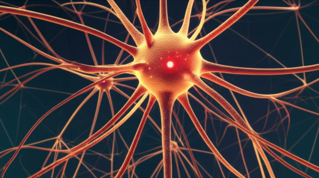 Immagine macro di una rete neurale stilizzata, illuminata con colori caldi come l'arancione e il rosso che simboleggiano l'attività cerebrale nella corteccia somatosensoriale, con un focus preciso su alcuni nodi, illuminazione controllata per evidenziare i dettagli, obiettivo macro 90mm, sfondo scuro per far risaltare l'attività.