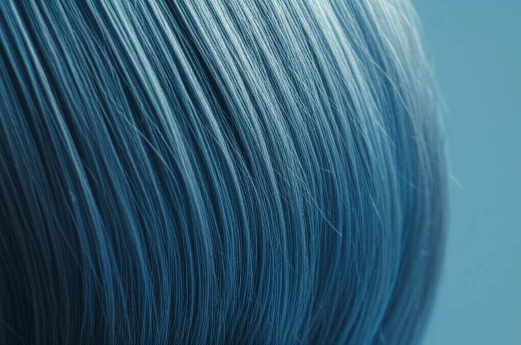 Primo piano di una ciocca di capelli scuri su sfondo neutro, illuminazione da studio per evidenziare la texture, obiettivo macro 100mm, alta definizione per mostrare la struttura del capello, con un leggero effetto duotone blu e grigio per un'atmosfera scientifica e di analisi del cortisolo.
