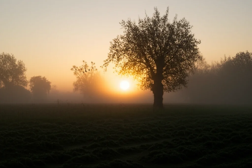 Fotografia di un paesaggio sonoro all'alba (Dawn Chorus), con silhouette di alberi contro un cielo che si rischiara e la suggestione di molteplici canti di uccelli. Obiettivo grandangolare 15mm, lunga esposizione per catturare la luce tenue, focus nitido sugli alberi.
