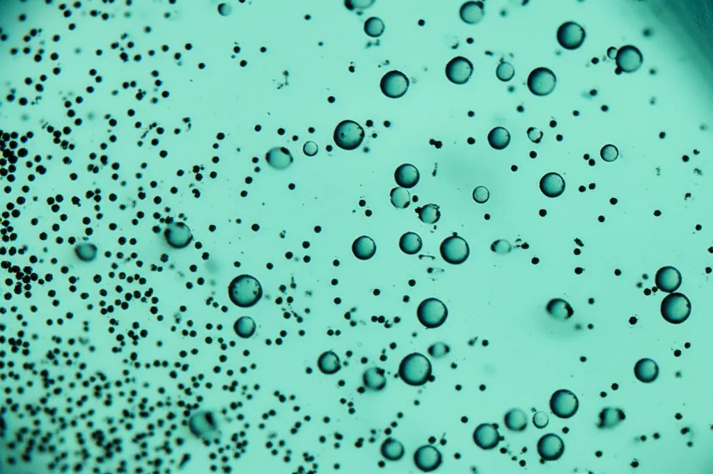 Immagine macro, 80mm, di nanoparticelle magnetiche mesoporose di colore scuro disperse in una soluzione acquosa chiara all'interno di una beuta da laboratorio, con illuminazione controllata per evidenziare la texture e la dispersione delle particelle, simbolo della chimica verde e dei catalizzatori innovativi.