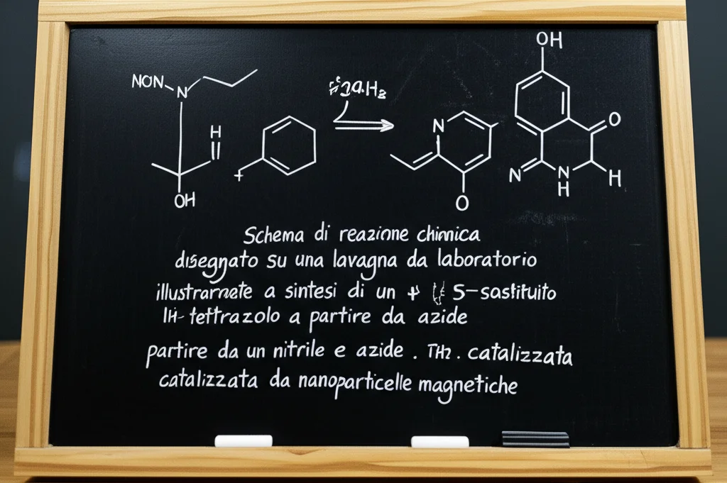 Schema di reazione chimica disegnato su una lavagna da laboratorio, illustrante la sintesi di un 5-sostituito 1H-tetrazolo a partire da un nitrile e azide, catalizzata da nanoparticelle magnetiche. Focus sui dettagli molecolari, stile still life, lente macro 60mm.